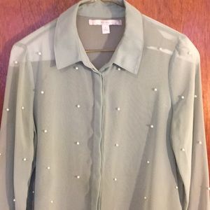 Sheer button down pearl accent top by LC